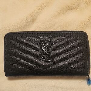 Saint Laurent Black Chevron Zip Wallet with Silver YSL Logo